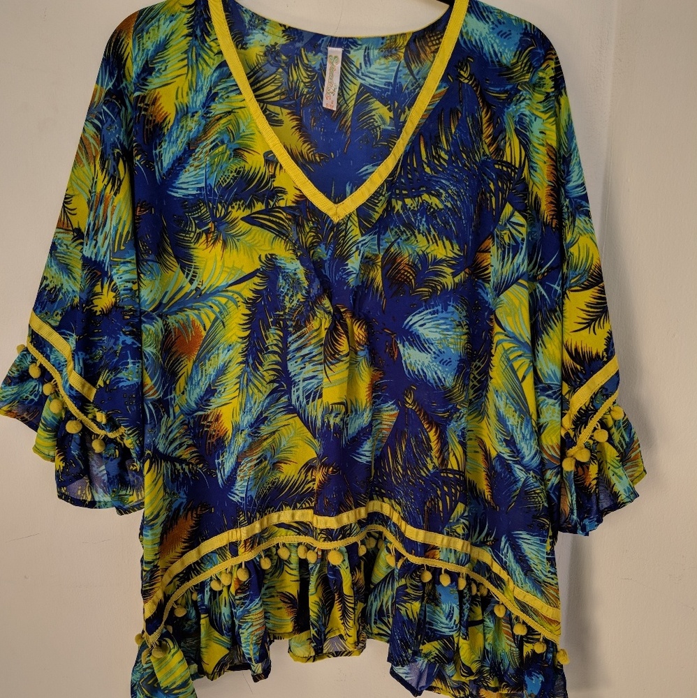 Shoreline🌴blue palms & yellow poms🌴VGUC🌴sz S/M